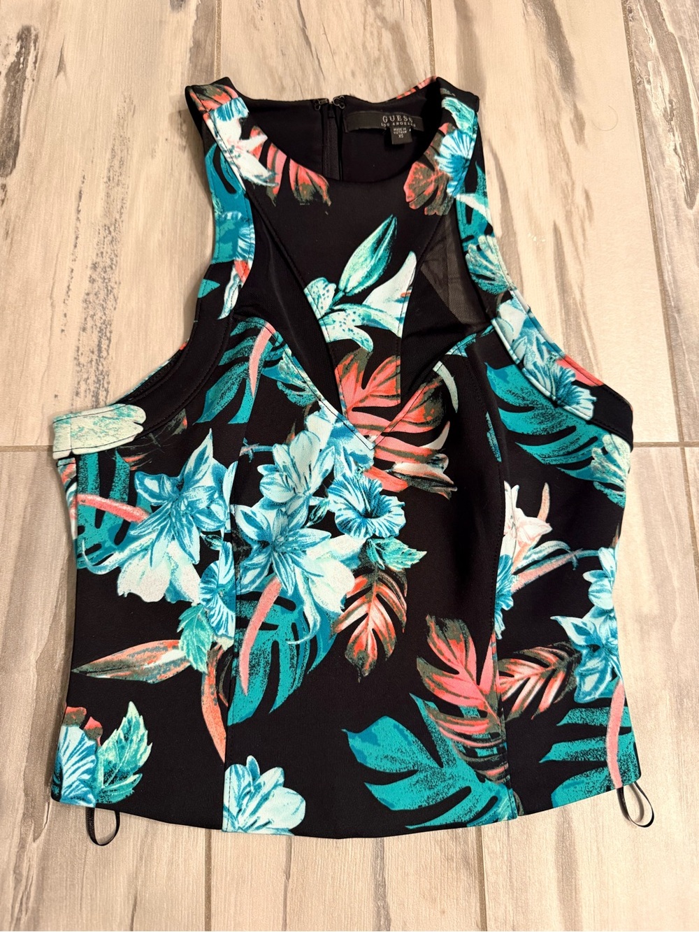 Guess Tropical Floral Cutout Tank Top - Black with Teal & Coral